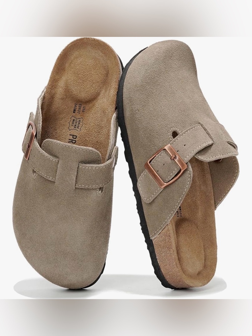 Women's project cloud Taupe Suede Buckle Clog Mule with Cushioned Footbed